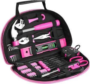EXCITED WORK 69-Piece Pink Tool kit, Ladies Hand Tool Set with Easy Carrying Round Pouch for DIY, Home Maintenance and Dorm Repair