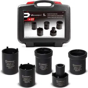 Powerbuilt Spindle Nut Socket Tool Kit, 5 Piece, Remove Spindle Nuts, Various Size Lug Out Spindle Sockets, Size Markings, Storage Case - 648636