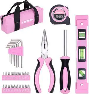 FASTPRO 33-Piece Pink Tool Kit, Household Tool Set with Screwdriver Bits Holder Set, Basic Hand Tools for Women with tool bag