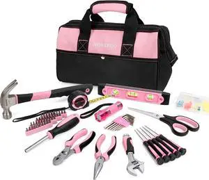 WORKPRO Pink Tool Kit, Home Repairing Tool Set with Wide Mouth Open Storage Bag, Household Tool Kit - Pink Ribbon
