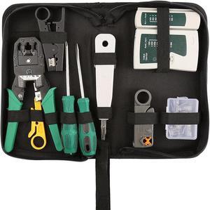 Hiija Network Tool Kit Professional Network Maintenance LAN Cable Tester, RJ45 Crimper 9 in 1 Repair Tools RJ45 Crimp Tool, 8P8C RJ45 Connectors, Cable Tester, Screwdriver, Stripping Pliers