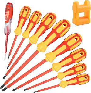 uoboeuq 9 Piece 1000V Insulated Electrician Screwdrivers Set with Magnetic Tips, Slotted and Phillips Bits Non-Slip Grip, with 1 Test pen Electrical screwdriver set
