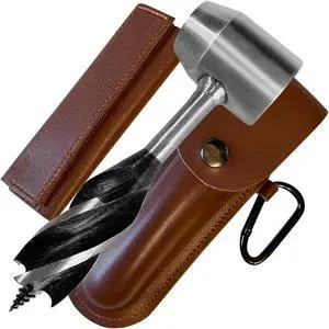 Survival Settler Tool Bushcraft Hand Auger Wrench with Wood Piece for Leverage - Bushcraft Gear & Scotch Eye Wood Drill Peg, Manual Hole Maker Multitool with Leather Case for Bushcrafting & Camping