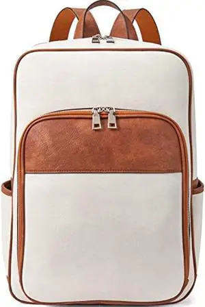 Telena Leather Laptop Backpack for Women Business Casual College Laptop Bags Beige-Brown