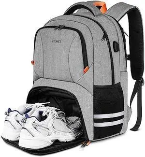 Ytonet Gym Backpack For Men Women, Travel Backpack With Shoe Compartment USB Charging Port, Water Resistant Medical Laptop Backpack Fit 15.6 Inch Notebook, Camping, Hiking, College, Grey