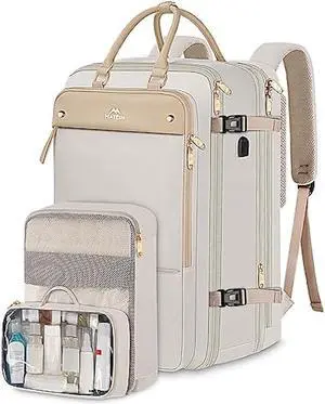 Carry on Backpack for Women, 52L TSA Travel Laptop Backpack with USB Port & Shoes Compartment Fits 17 inch Computer, Extra Large Expandable Flight Approved Weekender Bag with 2 Packing Cubes, Beige
