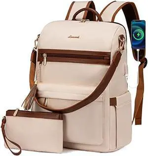LOVEVOOK Laptop Backpack Women,15.6 Inch Convertible Backpack Purse for Women with USB Port,Fashion Teacher Nurse Bag Work Backpack with Cute Wristlet Bag for Travel College Commute,Beige Brown