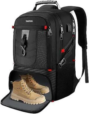 VESERI Travel Business Laptop Backpack for 18.4in PC with Shoe Compartment USB Charging Port,Sport Gym Bag for College Hiking Camping,Waterproof Bookbag School Backpack for Men Women Boys,Black