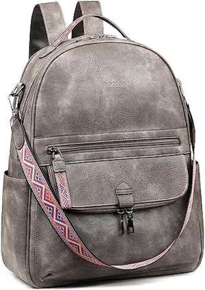 FADEON Leather Laptop Backpack for Women PU Computer Backpacks, Designer Travel Back Pack Purse with Laptop Compartment Grey