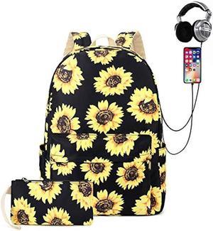 Natayoo Sunflower School Backpack for Girls Women Water Resistant Laptop Backpack with USB Charging Port, Lightweight College Bookbag