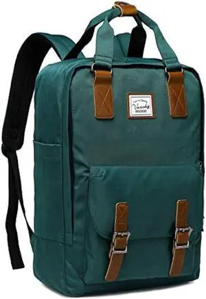 VASCHY School Backpack for Men and Women, Unisex Vintage Water Resistant Casual Daypack Rucksack Bookbag for College Fits 15inch Laptop Blackish Green