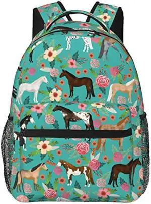 HAZIMCS Horses Floral Horse Breeds Farm Animal Pets Flowers Pattern Backpack for Women Boys Teens School Backpacks Students Bookbag Laptop Backpack Large Adult Hiking Camping Rucksack 15.6 Inch