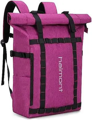 Haimont Rolltop Laptop Backpack for Men Women, Water-Resistant Casual Book Bag for Travel Work Commute 20L, Fuchsia Red
