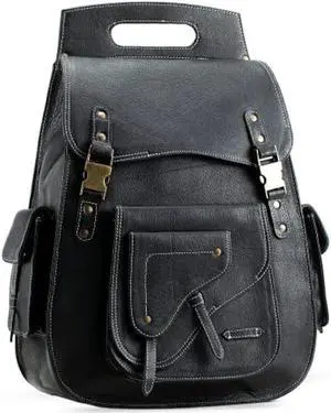 Handmade World Vintage Full Grain 18 Inch Black Leather Laptop Large Backpack Casual Bookbag Daypack Camping Travel Rucksack Knapsack