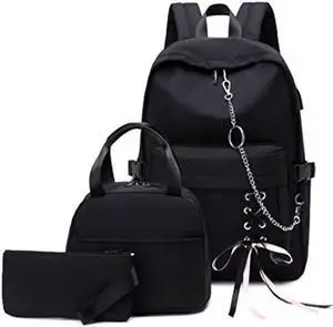 Joymoze Girl Laptop Backpack Set with Lunch Bag and Pencil Purse Black Chain