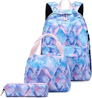 ZHIERNA Kids Backpack For Girls Teen,3Pcs Set Cute elementary school Bag, 15.6in Laptop Daypack Bookbags With USB Charging Port(Blue)
