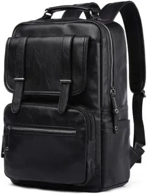 CHAO RAN Black Leather Laptop Backpack For Men Travel Backpack Large Vintage backpack Waterproof Work knapsack College computer Backpack Business backpack for commute