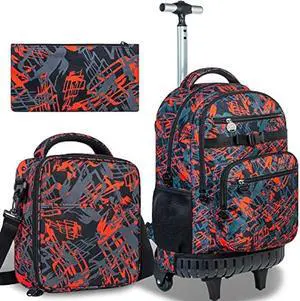 ZLYERT 3PCS Rolling Backpack for Boys, Travel Wheeled Backpacks for Adults, Teens College Roller Bookbag with Wheels for Men - Red