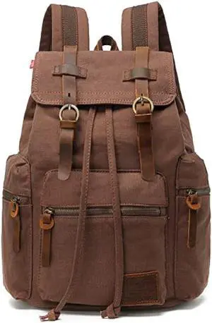 Canvas Backpack Unisex Vintage Casual Rucksack 17 inch Laptop Daypacks Schoolbag College Bookbag Hiking Camping Travel Bag Coffee