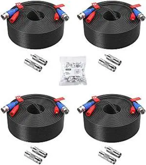 ZOSI 4 Pack 150ft (45 Meters) All-in-One Video Power Cable, BNC Extension Surveillance Camera Cables for Video Security DVR Camera Systems (Included 4X BNC Connectors and 4X RCA Adapters)-Black Color
