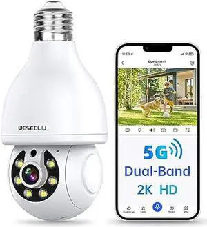 WESECUU Light Bulb Security Camera, 2.4G/5G WiFi Security Cameras Wireless Outdoor Indoor for Home Security, 360° Monitoring, Auto Tracking, 24/7 Recording, Color Night Vision, Compatible with Alexa