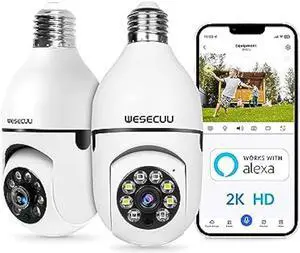 Light Bulb Security Camera, 2K Bulb Security Camera 2.4GHz,Security Cameras Wireless Outdoor with Automatic Human Tracking,Motion Detection Alarm,Color Night Vision Bulb Camera Compatible with Alexa