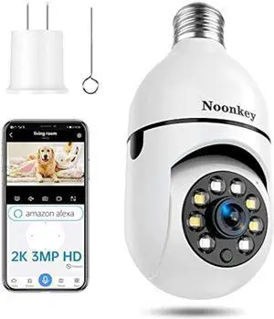 Noonkey 2K/3MP Light Bulb Security Camera, 360° Degree Panoramic,Alexa E27 Light Socket Camera for Outdoor, Wireless WiFi Home IP Camera with Motion Tracking Alarm, Color Night Vision,Two-Way Talk
