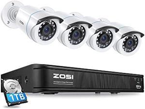 ZOSI H.265+1080p Home Security Camera System,5MP-Lite 8 Channel CCTV DVR Recorder with Hard Drive 1TB and 4 x 1080p Weatherproof Bullet Camera Outdoor Indoor with 80ft Night Vision, Motion Alerts