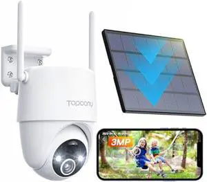 Topcony 2K 3MP Solar Powered Security Cameras Wireless Outdoor for Home, 360° PTZ Wi-Fi Dome Rechargeable Camera with Color Night Vision, AI Human Detection, 2-Way Talk, IP65 Waterproof, SD/Cloud