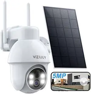 VIZIUUY 5MP Solar Security Camera Outdoor, Wireless Battery Powered Security Camera with 360°View, Pan and Tilt, Color Night Vision with Floodlight,PIR Human Detection,Compatible with Alexa