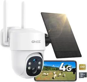 GNCC Security Camera Wireless Outdoor, 4G Cellular Trail Camera, No WiF, 2K, 360° Live Video, Motion Detection, Night Vision, Solar Panel, 2 Way Audio, 64GB Micro SD&SIM Card, Data Plan Needed