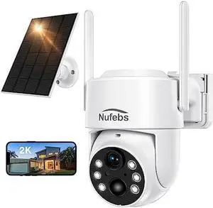 NUFEBS Security Camera 2K/4MP Wireless Outdoor with Solar Panel 355°PTZ 2.4G WiFi Waterproof Surveillance Motion Dection Spotlight/Siren, Color Night Vision2 Way AudioSD Card Slot/Clound