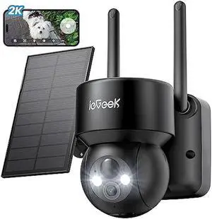 ieGeek Security Cameras Wireless Outdoor - Smart 2K Solar WiFi Camera System with 360°PTZ for Home Surveillance, Battery Powered Cam with Night Vision, Motion Sensor, Spotlight, AI, Works with Alexa