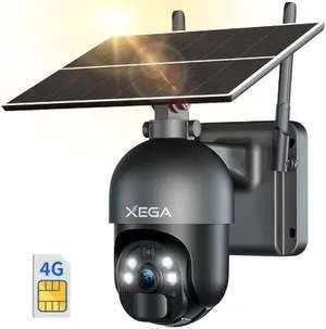 Xega 4G LTE Cellular Security Camera Outdoor Solar Camera Wireless, 2K HD Color Night Vision PTZ 360° View, Smart PIR Motion Detection, 2-Way Talk, No WiFi, SIM Card Included, IP66 - US Version