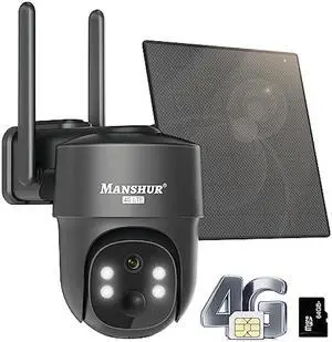 Manshur® 4G LTE Cellular Security Camera Wireless Outdoor Solar Powered, No WiFi Security Camera(Verizon AT&T T-Mobile), 2K/3MP Color Night Vision, Motion Sensor, 2 Way Talk, 64G SD&SIM Card Included