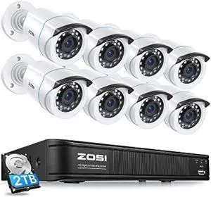 ZOSI 1080P H.265+ Home Security Camera System, 5MP Lite 8 Channel CCTV DVR Recorder with Hard Drive 2TB and 8 x 1080p Surveillance Bullet Camera Outdoor Indoor with 80ft Night Vision, Motion Alerts