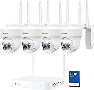 Kittyhok PTZ Wireless Security Camera System | 4pcs Ultra 2K Wireless Outdoor Security Camera with 360° View, auto Tracking, Human Detection, Spotlight | 10CH NVR with 500GB HDD for 24-7 Recording