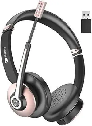 Bluetooth Headset with Microphone, Wireless Headset with Noise Cancelling Mic, On Ear Headphone with USB Dongle & Mute Button, 26hrs Talk time for PC/Office/Zoom/Skype Rose Gold