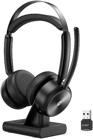 EMEET Wireless Headset, HS80 Bluetooth Headset with Noise Canceling Microphone, 46 hrs Work Time, Charging Base, Mute Button, 2.4G Wireless Dongle/USB, Wireless Headphone for PC/Call Center/Zoom/Skype