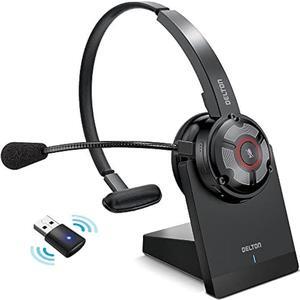 Noise Cancelling Bluetooth Headset & Charging Dock with Dongle, Business Wireless Headphones with Mic, Auto-Pair USB Dongle for PC/Laptop, Handsfree, Mute & Volume Buttons, for Meet|Skype|Zoom|Teams