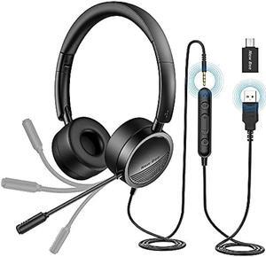New bee USB Headset Computer Headset in-Line Call Controls Office Headset with Noise Cancelling Micphone Call Center Headset for Skype, Zoom, Laptop, Phone, PC, Tablet, Home with USB-C Adapter