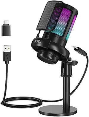NJSJ USB Microphone for PC, Gaming Mic for PS4/ PS5/ Mac/Phone,Condenser Microphone with Touch Mute,Brilliant RGB Lighting,Gain knob & Monitoring Jack for Streaming,Podcasting (Black)