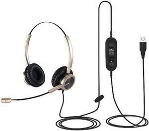 Emaiker Stereo USB Headset with Noise Cancelling Microphone for PC, Laptop, Gold USB Headphones for Call Center Office Work Skype Teams Zoom 3CX Ringcentral Softphone Dragon Dictation