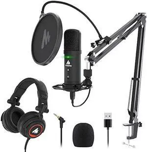 MAONO USB Podcast Microphone with Headphone Set, Zero-Latency Monitoring Computer Condenser PC Mic 192KHZ/24Bit with Mute Button for Recording, Voice Over, StreamingAU-PM401H