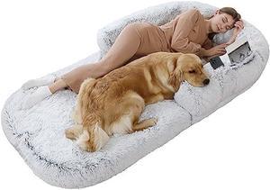 Human Dog Bed for People Adults, Giant Dog Bed for Humans (72x48x10),  Ultimate Comfort Washable Faux Fur Fluffy Dog Bed with Soft Blanket (Large