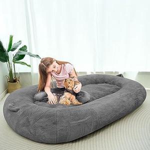 HIGOGOGO Dog Bed for Human,74x46x12 Dog Bed for Humans Size Fits You and Pets,Faux Fur Giant Floor Bed with Machine Washable Cover,Bean Bag Bed for Adult and Pets,Dark Crey
