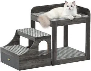 Cyclysio Pet Window Perch with Stairs, Large Pet Bunk Bed for Dogs and Cats, Multi-Level Pet Seat Platform with Mats, Pet Bed Couch with Drawers for Bedside, Home, Indoor Use, Medium Size, Grey
