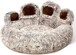 Jiupety Pet Round Bed of Paw Shape, Calming Donut Dog Bed for Medium Dog, Faux Fur Cat Bed for Large Cat, Comfortable and Soft, Machine Washable, X-Large Size (32×32×10), Gray