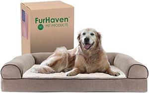 Furhaven Cooling Gel Dog Bed for Large Dogs w/ Removable Bolsters & Washable Cover, For Dogs Up to 95 lbs - Sherpa & Chenille Sofa - Cream, Jumbo/XL, 40.0L x 32.0W x 8.0Th
