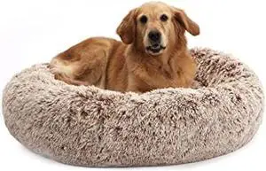 Bedfolks Calming Donut Dog Bed, 36 Inches Round Fluffy Dog Beds for Large Dogs, Anti-Anxiety Plush Dog Bed, Machine Washable Pet Bed (Brown, Large)